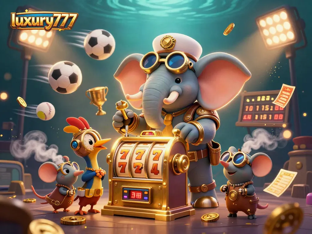 Engage with luxury777's dynamic gaming experience featuring a steampunk elephant and golden slots.