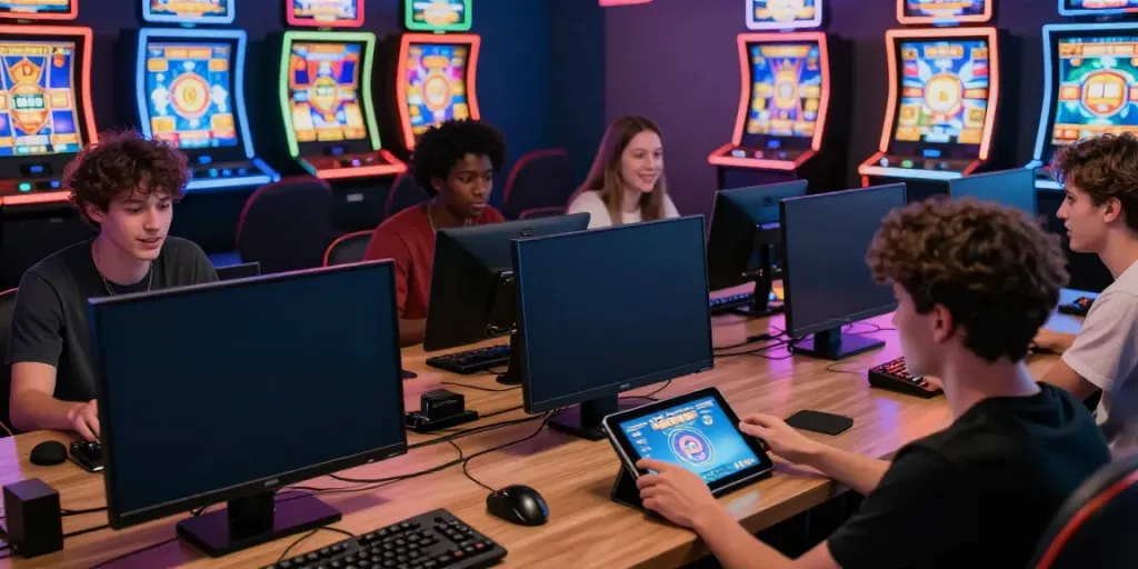 Players enjoying bro138 slot games on various devices in a vibrant gaming lounge.