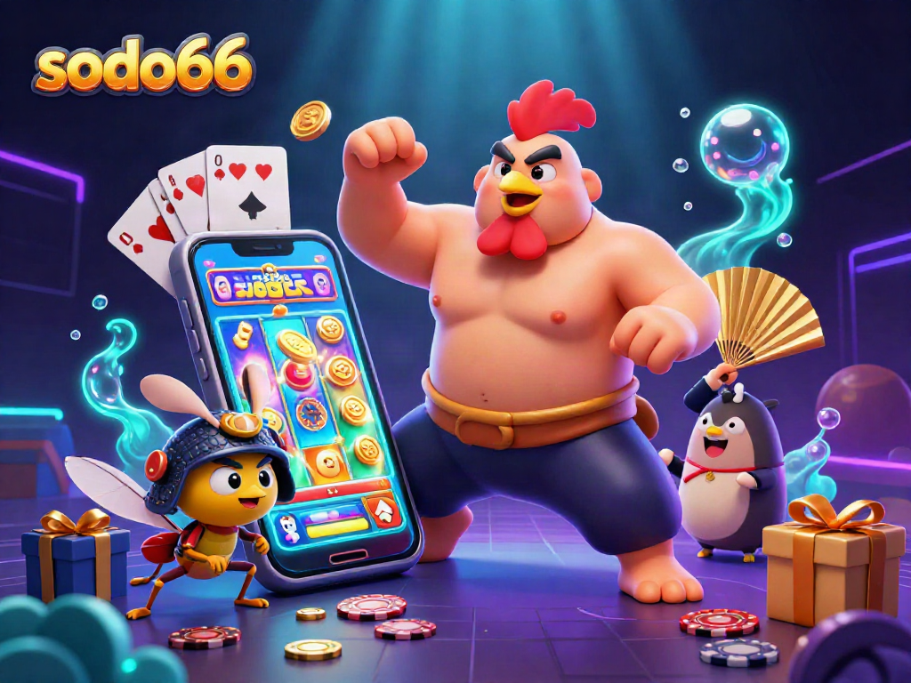 sodo66 captures thrilling gameplay with a sumo wrestler rooster and dynamic casino elements.