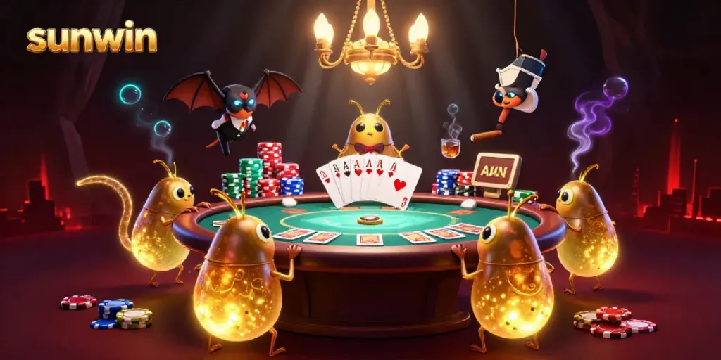 Experience the excitement of sunwin as glowworms illuminate a vibrant casino scene filled with poker chips and games.