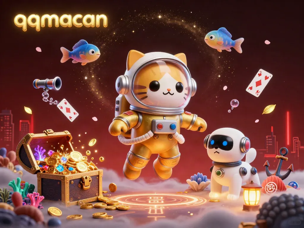 Engage in thrilling adventures with qqmacan featuring a space astronaut cat, robot dog, and vibrant underwater treasures.