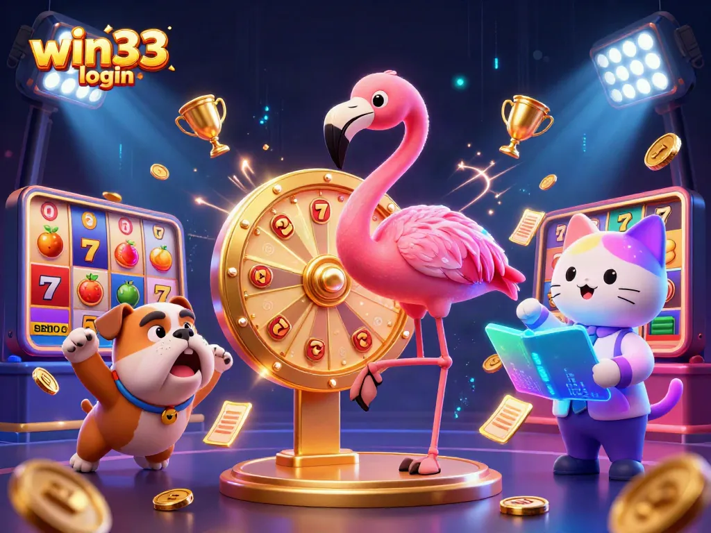 Experience the excitement of win33 login with a vibrant casino-themed 3D illustration showcasing a game show host and players.