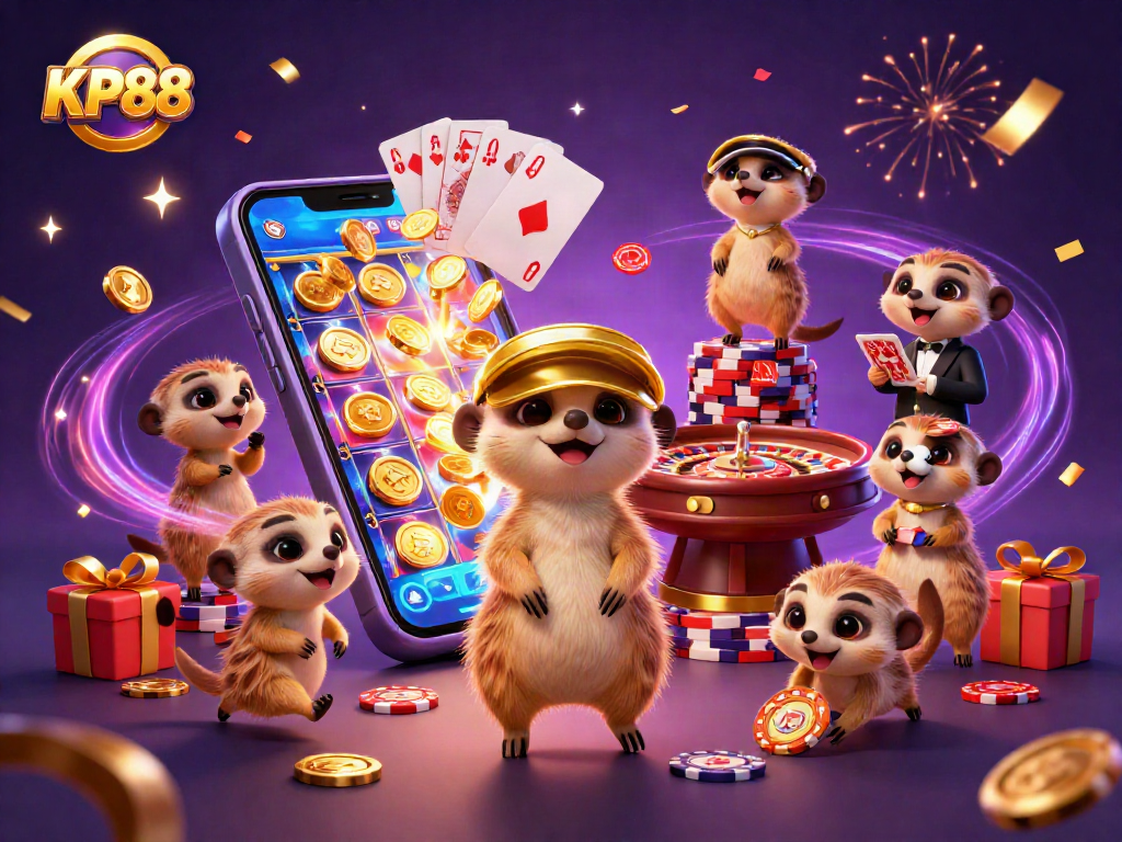 Enjoy KP88's thrilling slots with meerkats overseeing a vibrant casino adventure