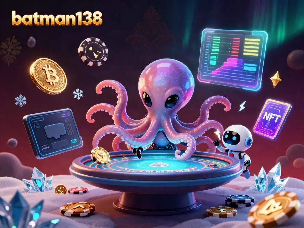 Join the fun at batman138 with a colorful space casino gaming scene featuring an octopus dealer and crypto elements.