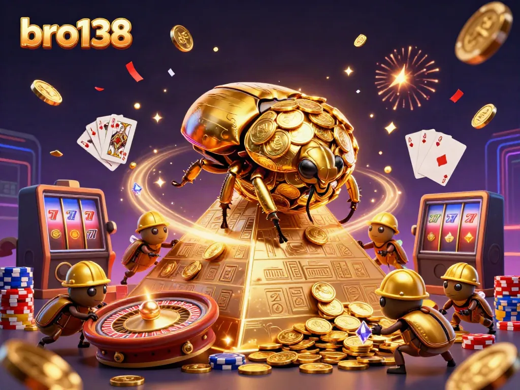 Experience an exciting game scene at bro138 with a golden beetle and sparkling casino elements.