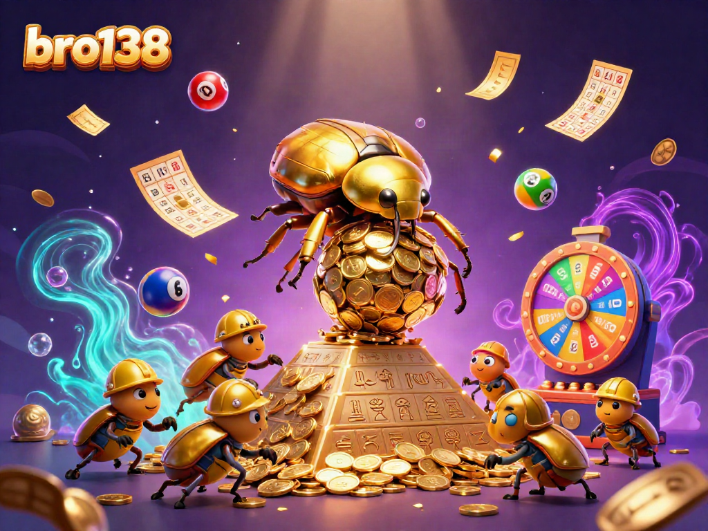 Engage with bro138 through a vibrant scene of a golden dung beetle and casino elements.