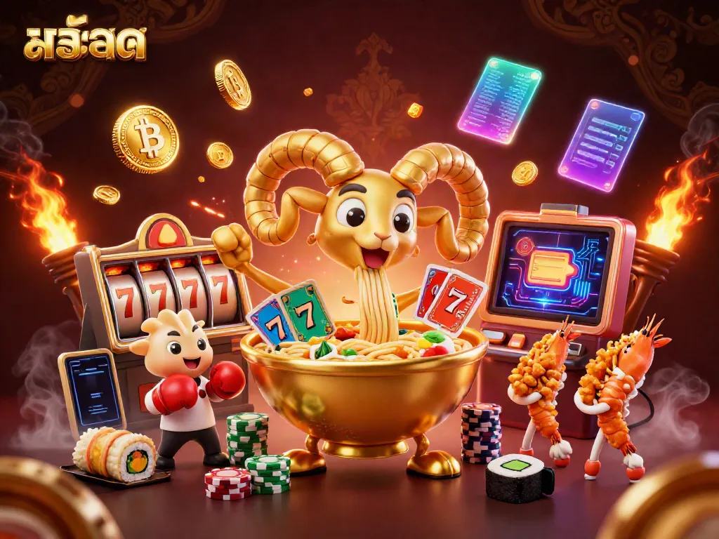 Engage in thrilling สล็อต action with a giant ramen bowl dealer and slot game symbols.