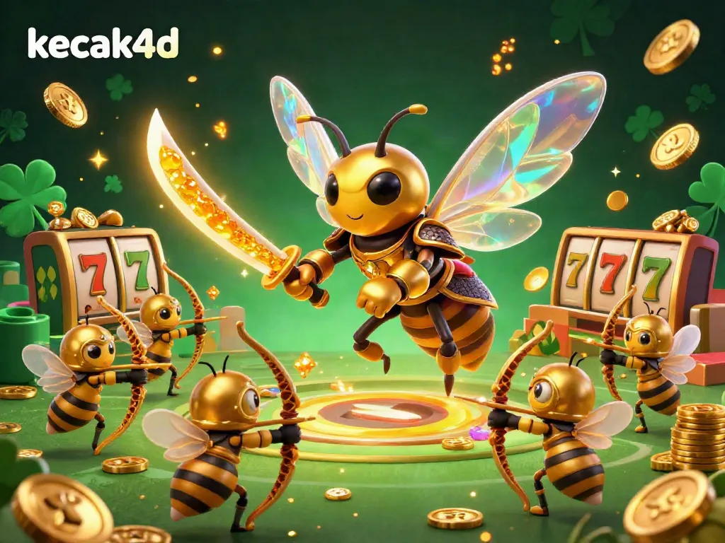 Engage in thrilling jackpot action with kecak4d's vibrant 3D casino scene featuring a golden hornet and bee archers.