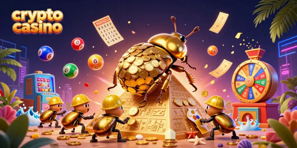 Engage with the vibrant action at the crypto casino, featuring symbols of fortune and fun.