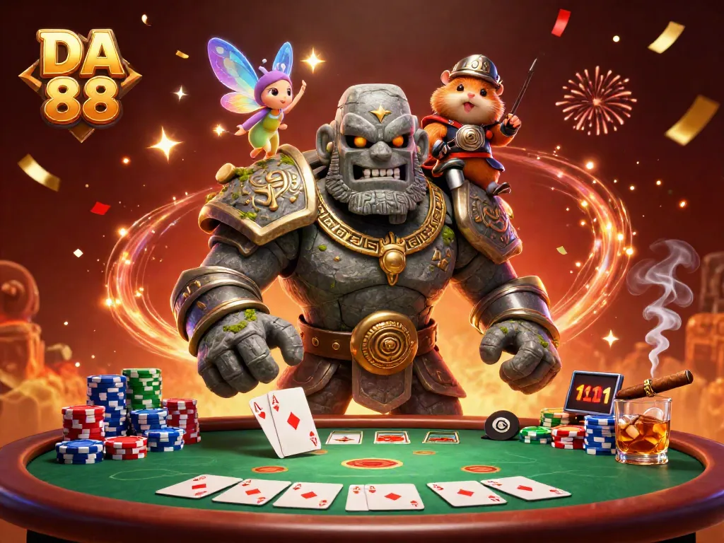 Engage with DA 88's magical casino scene featuring a golem and fairy amidst vibrant poker elements.