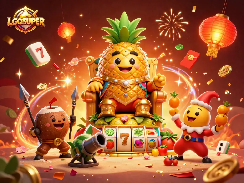 Experience the vibrant action at LGOSUPER casino with a golden pineapple king and exciting slot games.