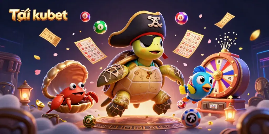 Engage with Tải kubet illustrated through colorful 3D characters amid a vibrant casino scene.