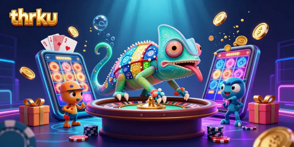 Thrku's vibrant casino world featuring a chameleon owner capturing golden coins among games.