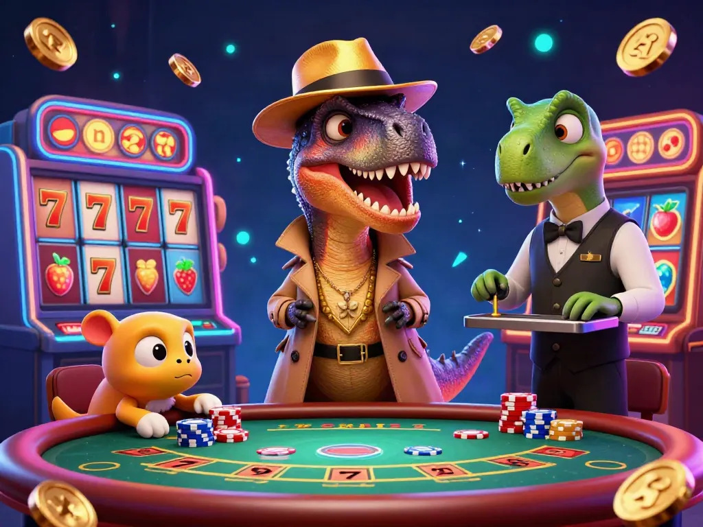 Experience the thrill of slot gacor malma ini with a dinosaur-themed casino scene featuring vibrant characters and dynamic game elements.