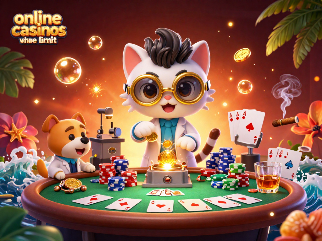 Engage in online casinos ohne limit with a playful scene depicting a mad scientist cat and lab assistant dog at a vibrant poker table.