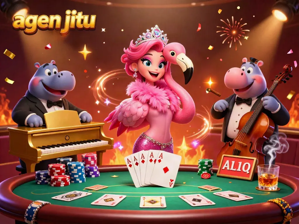 Gambarlah agen jitu dan suasana kasino meriah dengan penyanyi flamingo dan musisi hippo.
