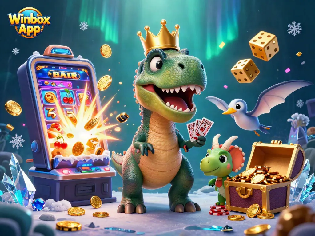 Engage with the thrilling Winbox App, featuring characters in an exciting casino scene filled with vibrant game elements.
