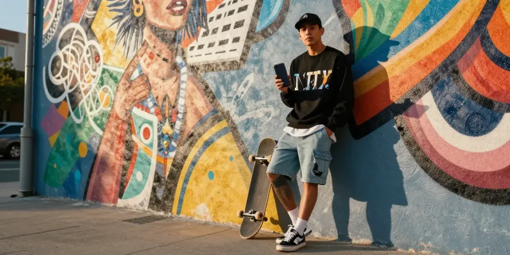 Peh888 influencer showcasing trendy urban fashion lifestyle with vibrant mural backdrop.