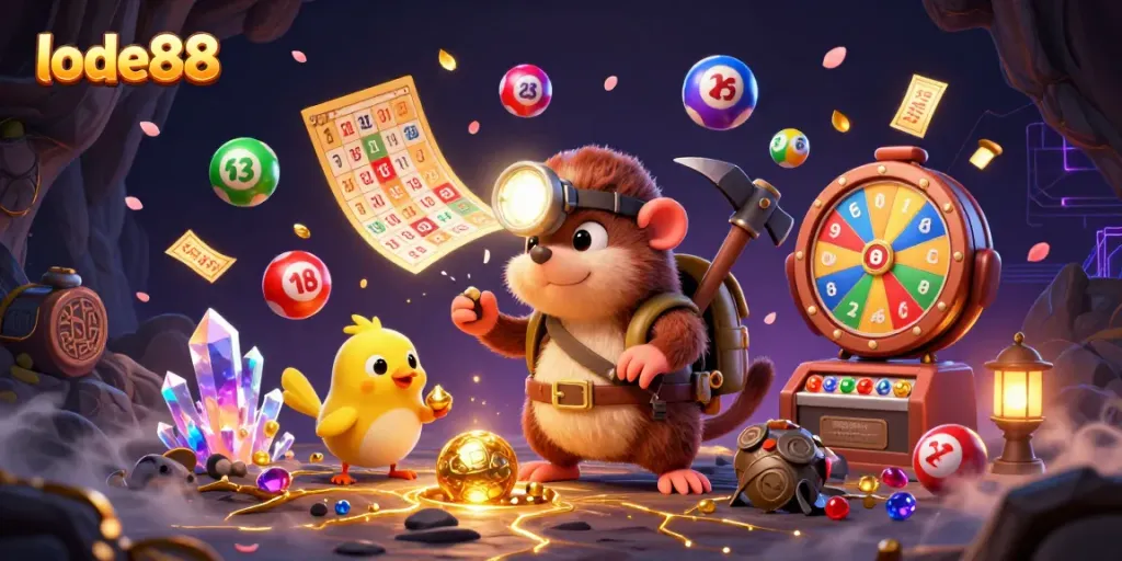 Lode88 brings excitement with a vibrant illustration of a treasure hunter mole, mining gems alongside colorful lottery elements.