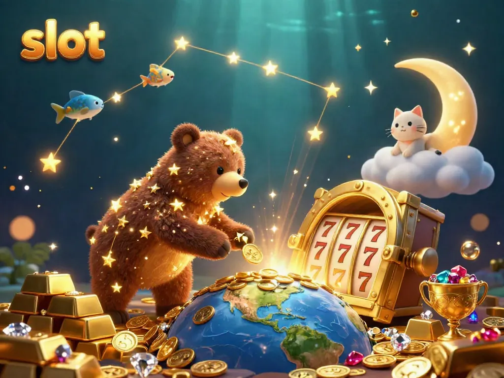 Experience a thrilling slot scene with golden stars, vibrant treasures, and cosmic companions.