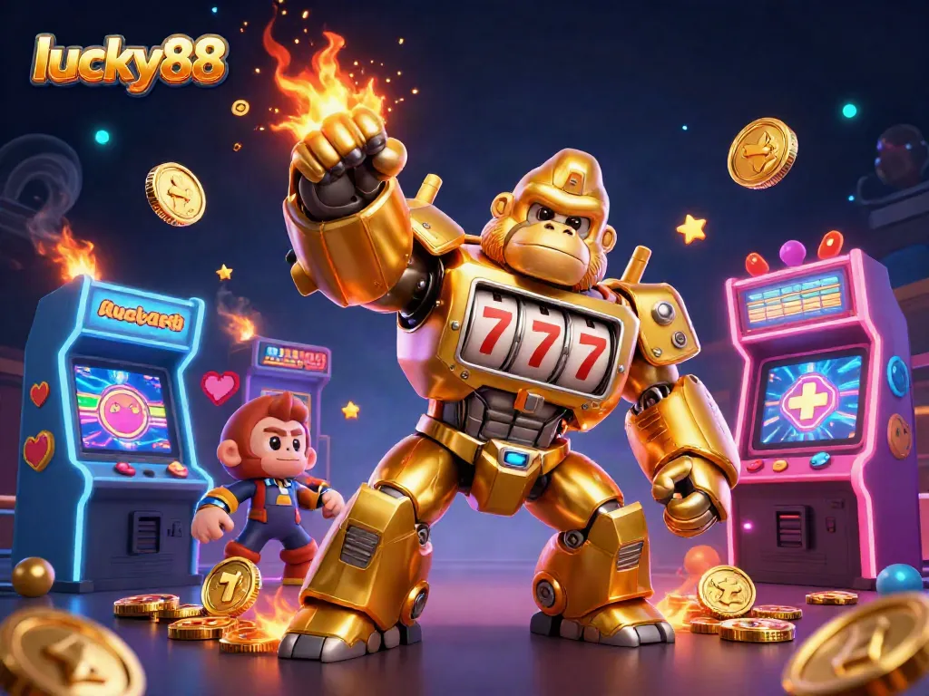 Experience the excitement of lucky88 with a dynamic illustration of a golden gorilla mech, surrounded by vibrant casino elements.