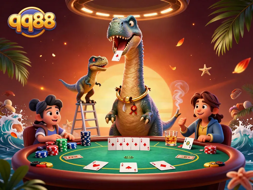 Experience thrilling gameplay at qq88 with a giant brontosaurus overseeing a poker game.