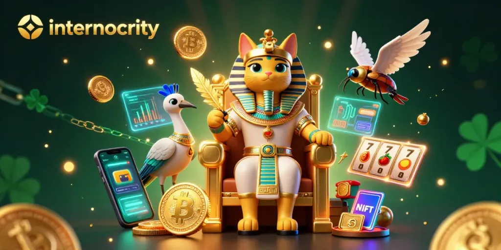Experience thrilling play at internocracy with the vibrant Egyptian-themed casino illustration featuring iconic slot elements.