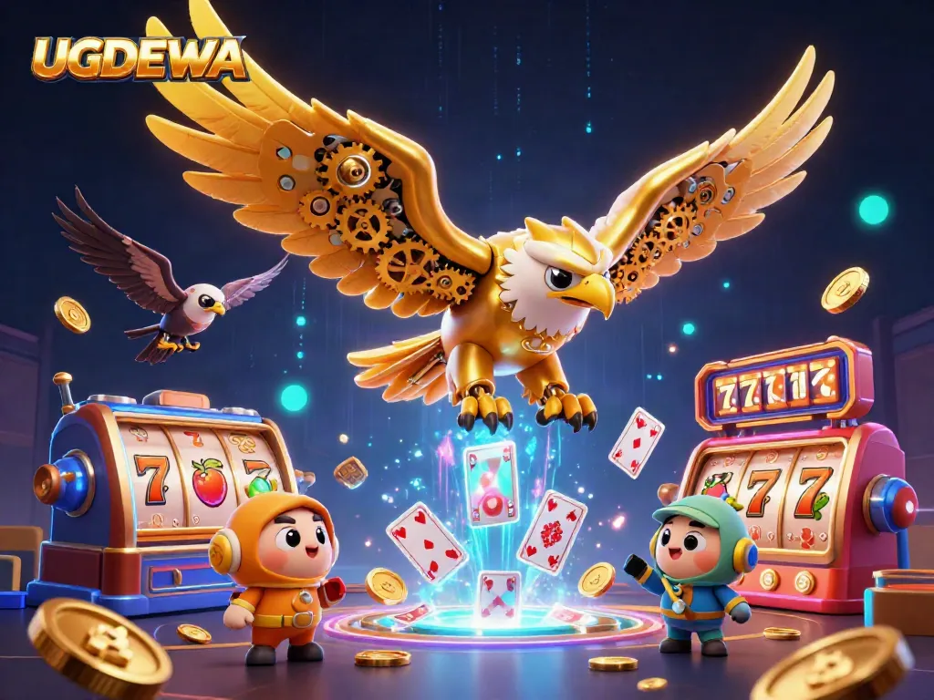 Experience the excitement of UGDEWA with dynamic casino elements and a cybernetic eagle promoting thrilling gameplay.