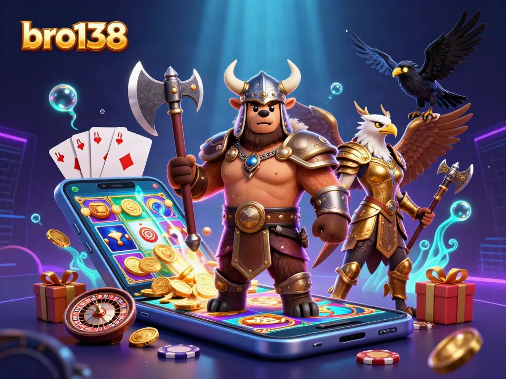 Spin to win on bro138 with a bold Viking bear and Valkyrie eagle during an exhilarating casino adventure.