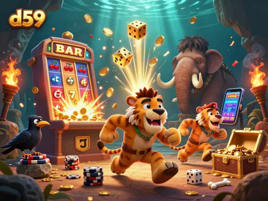 Spin to win at D59's vibrant casino scene with lively characters and jackpot excitement.