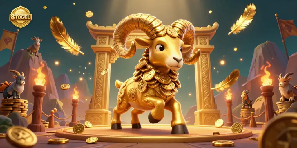 Ilustrasi 3D spektakuler dengan ram emas 8TOGEL beraksi, di arena pertarungan penuh koin dan efek api.