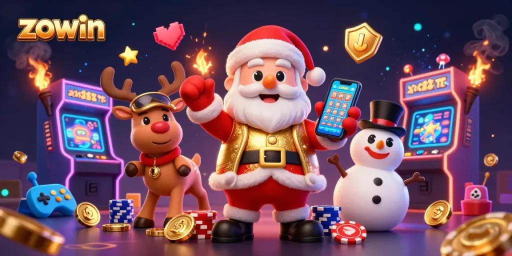 Spin colorful slots with zowin while surrounded by festive casino characters and exciting game elements.