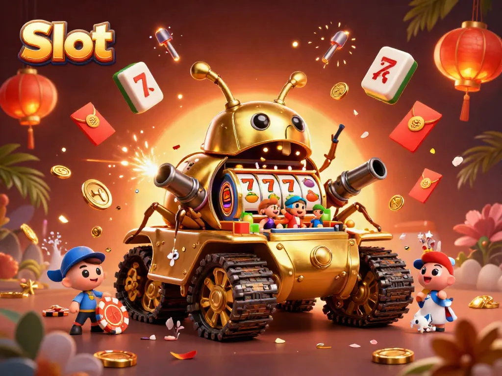 Spin the Slot machine in a vibrant casino scene filled with golden elements and lively characters.