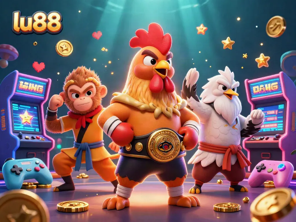 Engage with the vibrant action of lu88, featuring a Muay Thai rooster, Shaolin monkey, and wise crane in a colorful casino scene.