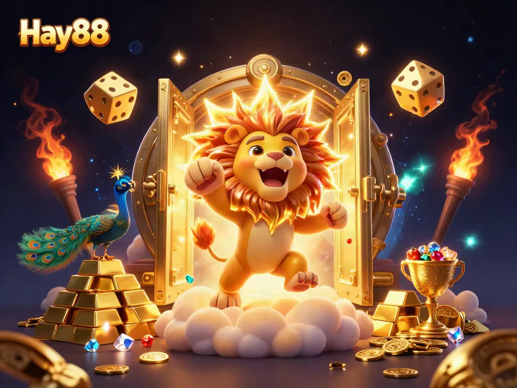 Hay88 offers thrilling sports betting experiences as a lion roars on a cloud of gold amidst dazzling winnings.