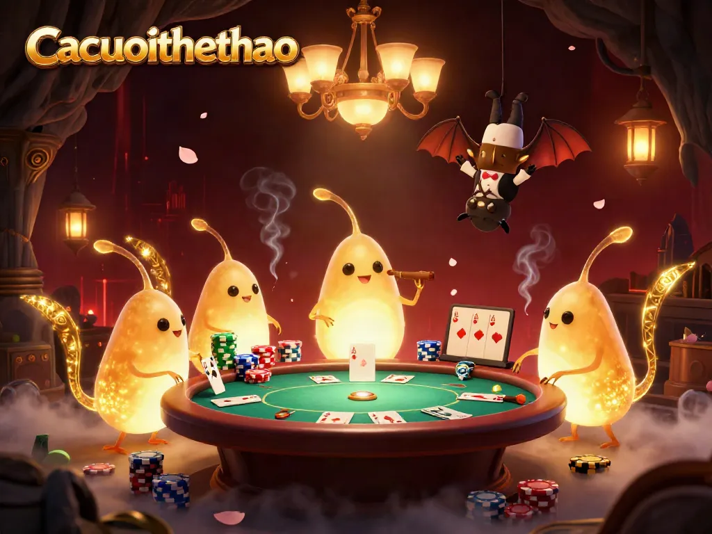 Cacuocthethao illuminates a vibrant cave casino scene with glowing characters and poker elements.