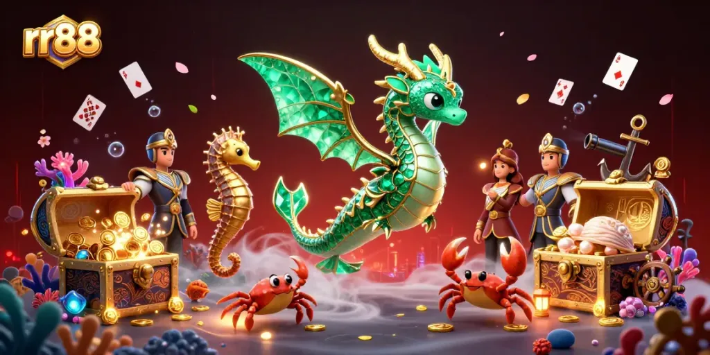 Engage in thrilling gameplay at rr88 with an underwater casino scene featuring a treasure-filled sea dragon.