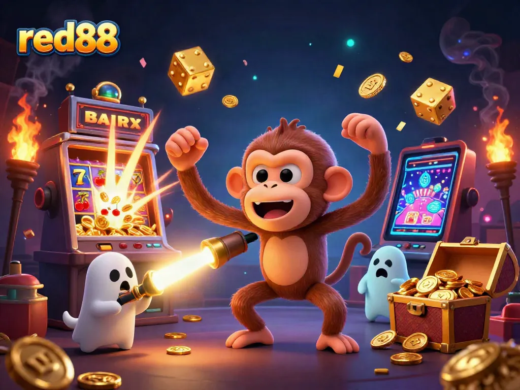 Red88 spins the reels in a dynamic casino scene with golden treasures and playful characters.