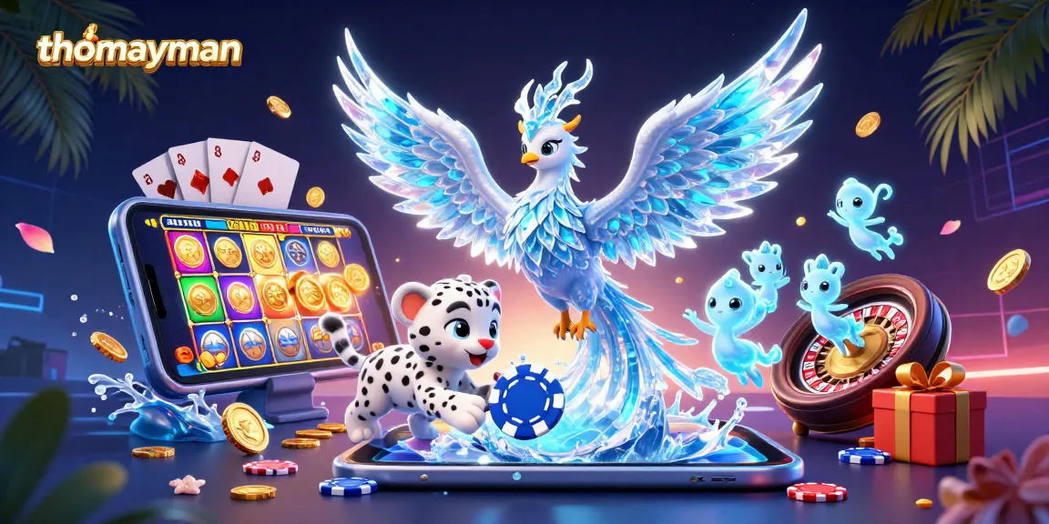Experience thrilling wins with thomayman in this vibrant 3D casino scene featuring slots and cheerful characters.
