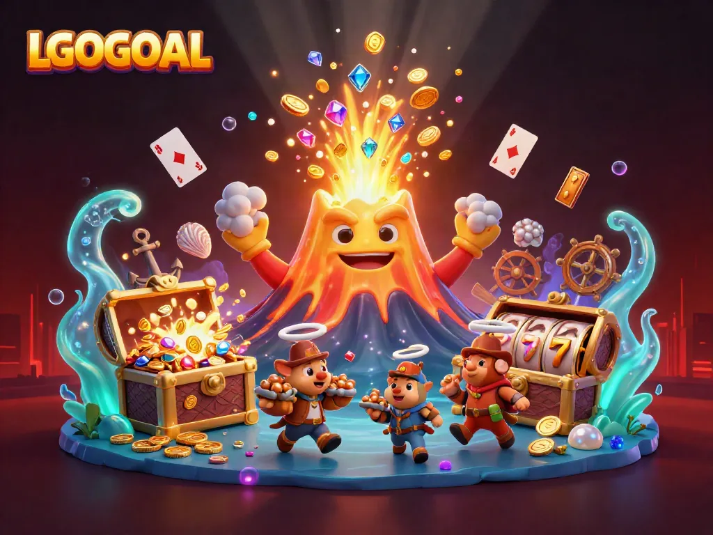 Engage in thrilling gameplay at LGOGOAL with vibrant slot reels and treasures erupting from a golden volcano.