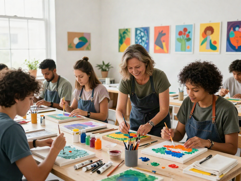 Lingkungan studio seni inklusif dengan peserta berkarya, menggambarkan aksesibilitas di https://artstudiocb.com/accessibility/.