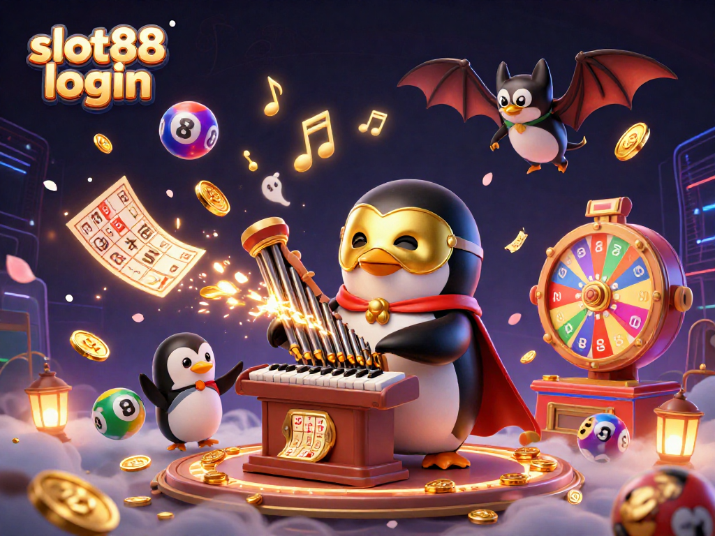 Join the excitement at slot88 login with a vibrant casino scene featuring cartoon characters and lively game elements.