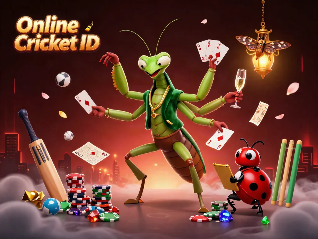 Bet smart with Online Cricket ID featuring colorful cricket games, vibrant characters, and stacked chips in a dynamic casino scene.