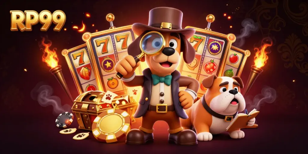 Join the excitement of RP99 with a detective dog searching for golden poker chips and slot game treasures.