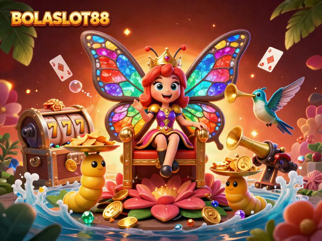 Experience the vibrant world of BOLASLOT88, featuring a butterfly queen, colorful gems, and dynamic casino elements.