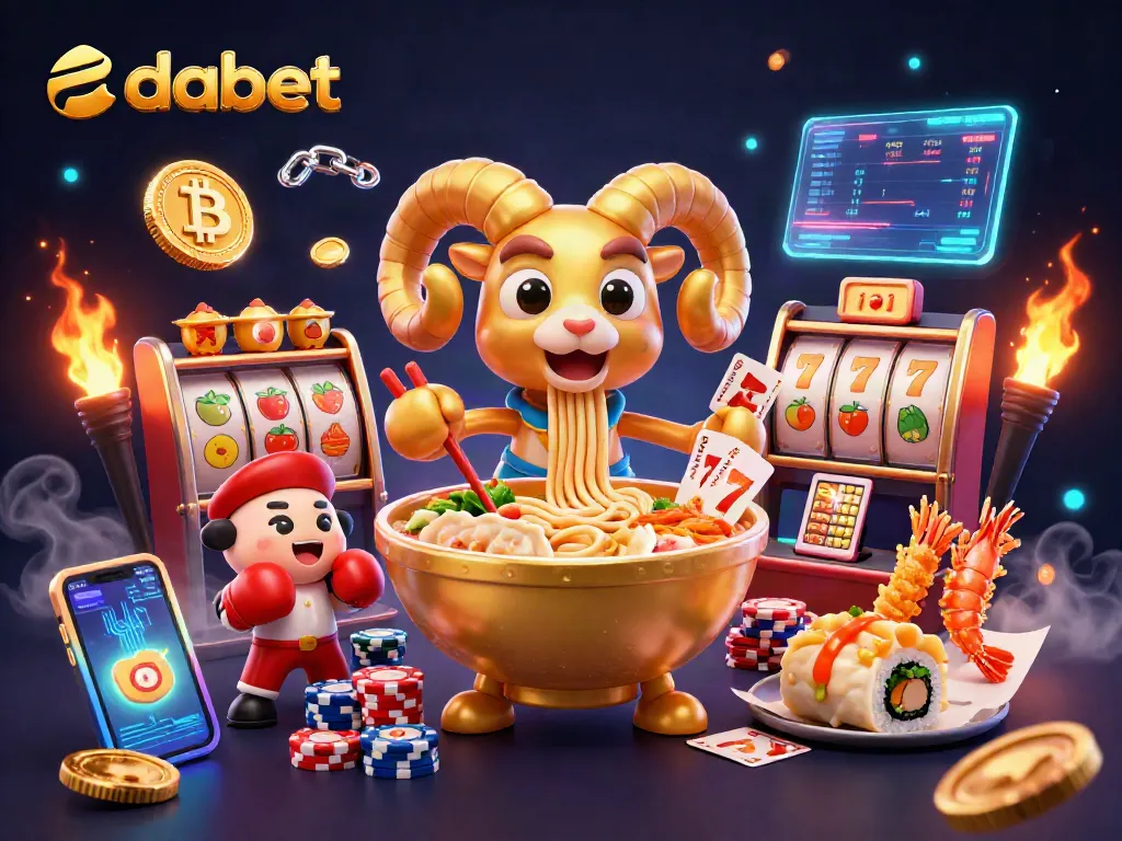 Dabet's vibrant casino scene with a golden ramen bowl dealing cards, slot game elements, and crypto coins.
