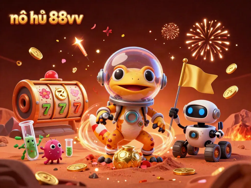 Experience nổ hũ 88vv in a vibrant golden casino scene, featuring dynamic gaming elements and characters celebrating.