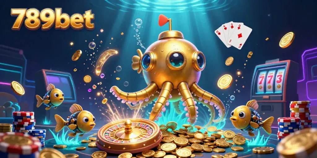 Engage with the 789bet casino world, featuring a golden kraken submarine in a treasure-filled scene.