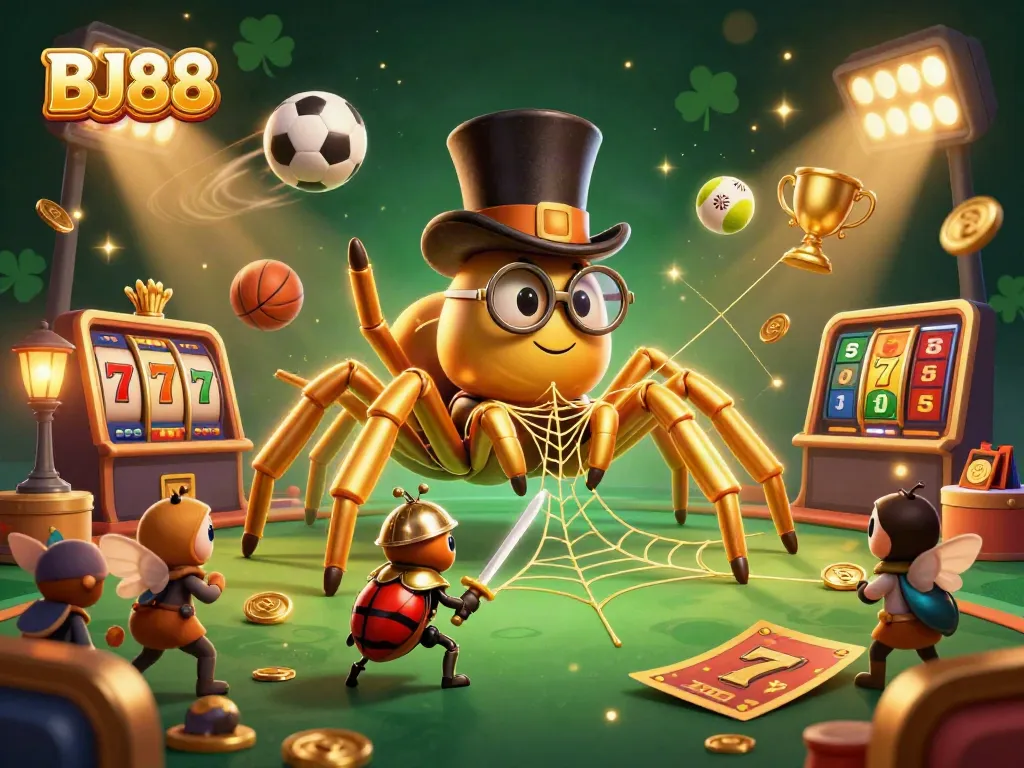 BJ88 casino scene showcasing a golden tarantula weaving a gambling web, surrounded by vibrant game elements.