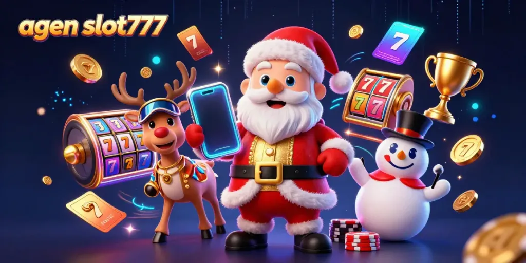 Play slots at agen slot777 with a colorful 3D scene featuring Santa and friends celebrating jackpots.